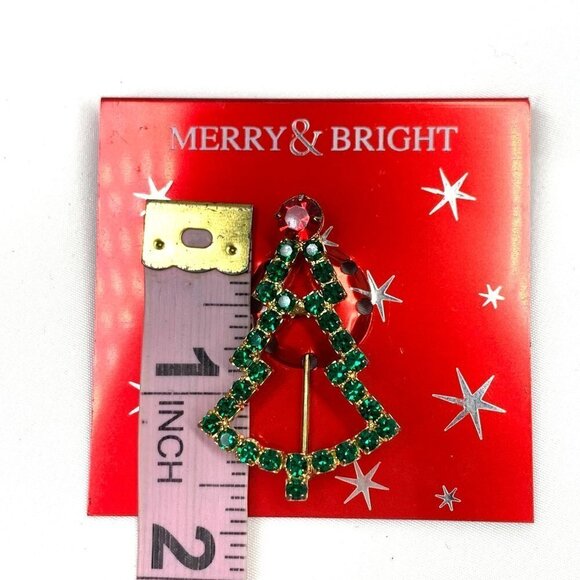 Merry & Bright Crystal Studded Christmas Tree Pin Green Red & Gold 1.75" NWOT - Picture 4 of 4